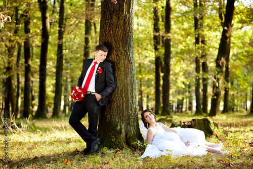 A couple is posing for a picture in a forest
