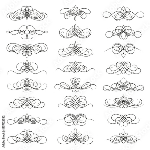 Collection of decorative flourishes, swirls, and ornate dividers in a vintage style.