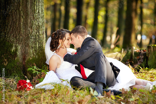 A couple is sitting in the grass, with the bride wearing a white dress