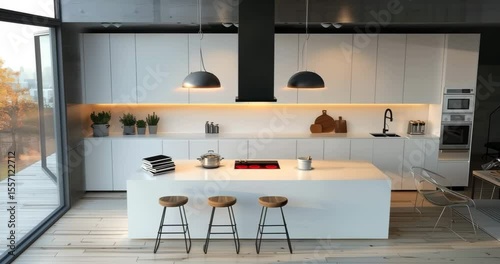 An elegant modern kitchen design featuring a minimalist white island, warm lighting, and a scenic autumn view through large windows