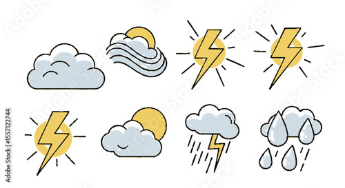 Simple, outlined weather icons depicting various atmospheric conditions like clouds, sun, rain, and lightning.