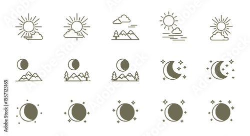A collection of line art icons depicting celestial bodies and landscapes.