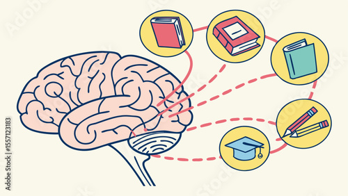 Illustration of a brain connected to books, pencils, and graduation cap representing learning and knowledge