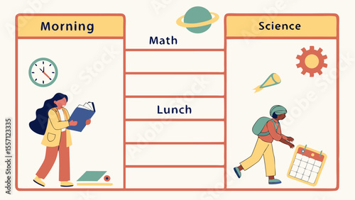 Illustration of a daily schedule with morning reading, math, lunch, and science activities for students