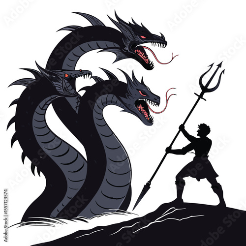 Shadowy figure controls a menacing three-headed hydra. Dark magic reigns. Epic scale.