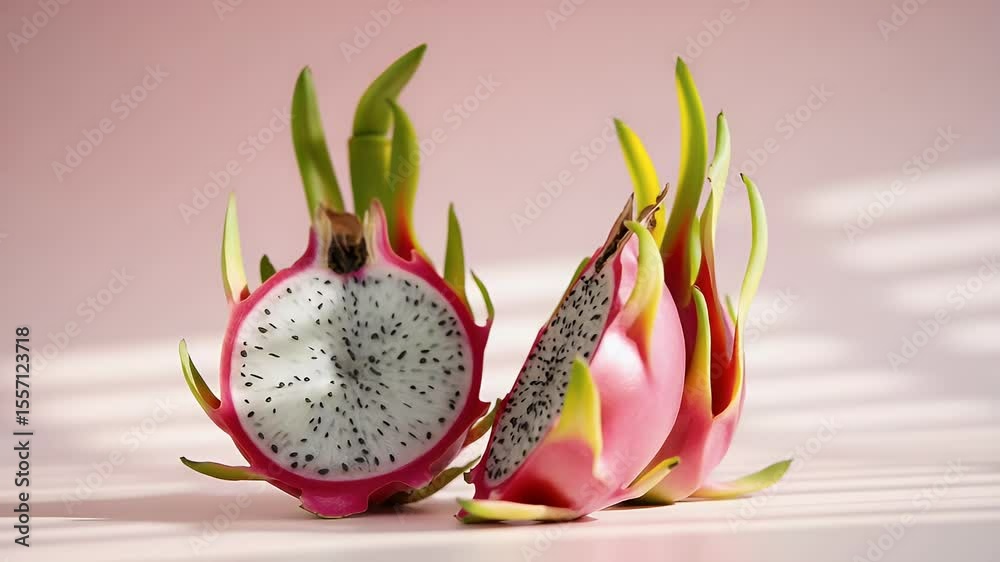 Halved dragon fruit closeup view pink and white tropical fruit