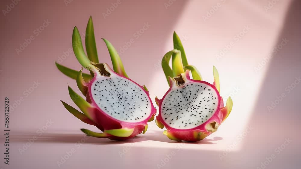 Halved dragon fruit closeup view pink background healthy food