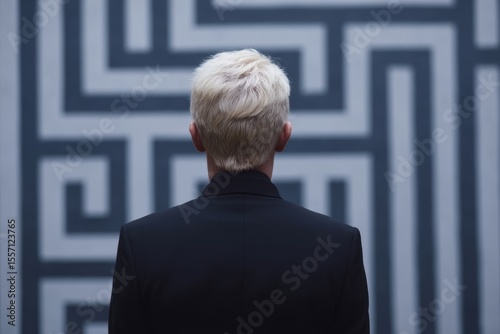 A blonde Caucasian man contemplates a labyrinthine wall, embodying the enigma of Lost Sock Memorial Day and International Puzzle Day