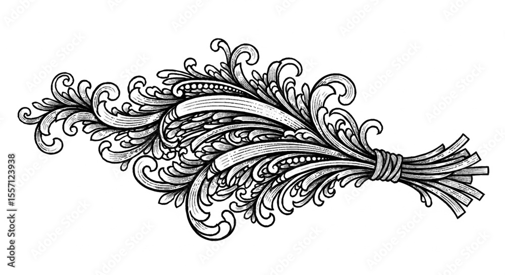 Fototapeta premium Ornate wheat sheaf illustration with detailed swirls and tied bundle, presented in a monochrome, vintage style.