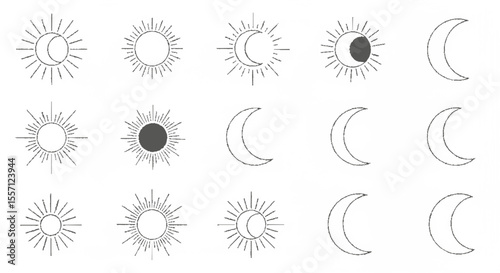 Collection of sun and moon illustrations in various phases, depicted with radiating lines and crescent shapes.