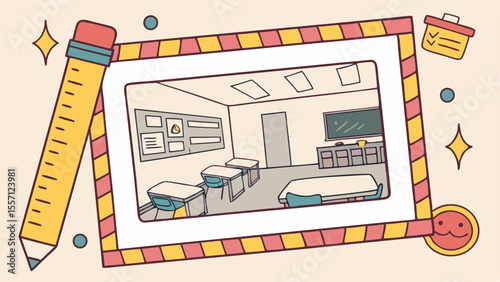Illustration of a classroom interior framed with a pencil, checklist, and a smiling face icon
