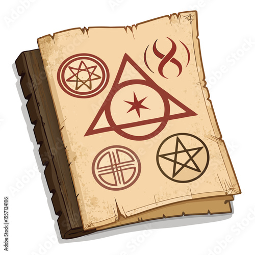 A frayed, aged spellbook page. Inked ancient symbols, ritualistic marks. Weathered, damaged texture. Evocative.