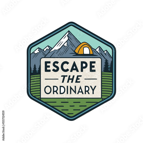 Hexagonal badge featuring a tent nestled amongst mountains, with the word "escape" incorporated.