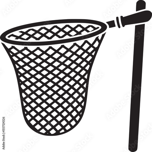 Vector illustration of a black butterfly net for catching insects and fish isolated on white background on transparent background silhouette