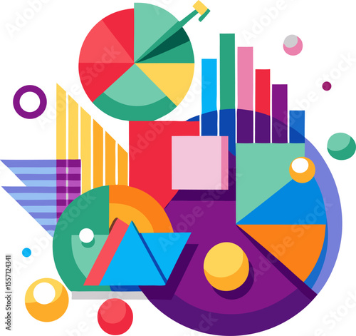 Colourful vector of abstract overlapping shapes representing data analytics with white background.