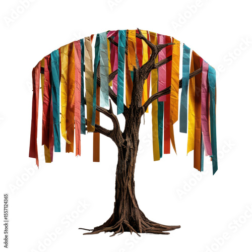 Colorful tree with vibrant ribbons hanging from its branches creates joyful and festive atmosphere. tree trunk is dark and sturdy, contrasting