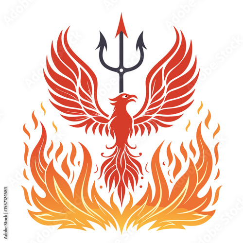 A powerful phoenix, symbol of rebirth, majestically rises, its form intricately integrated with a prominent trident.
