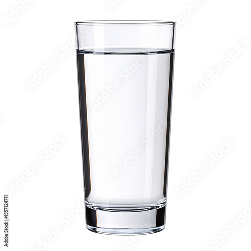 Tall cylindrical glass of water with light reflections, isolated on transparent background PNG