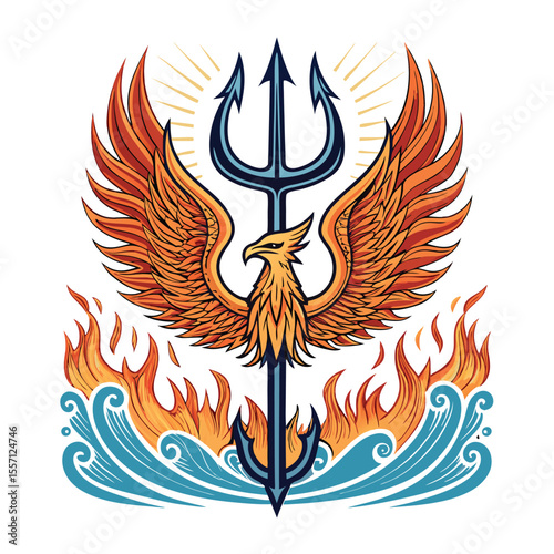 Majestic phoenix, embodying rebirth and power, intricately fused with a striking trident symbol.