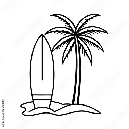 surfboard resting against palm tree art