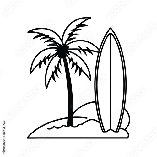 surfboard resting against palm tree art