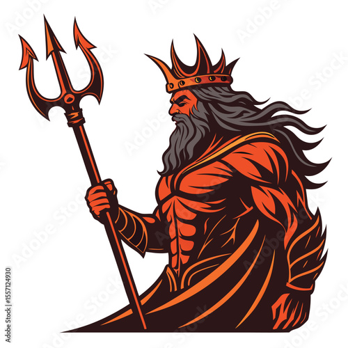 A mythical lava god with glowing magma skin commands power with a trident.