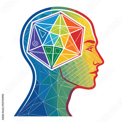 Geometric polygon head, hollow interior, rainbow prism light, vibrant glow, abstract, modern art.