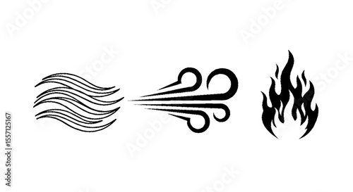 Three elemental icons: water depicted as waves, wind as stylized gusts, and fire as flames.