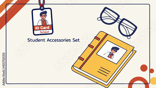 Illustration of student accessories including an id card glasses and a book on a cream colored background