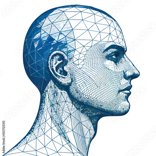Human head transforming into a digital geometric network. Brain, data, futuristic, abstract design.