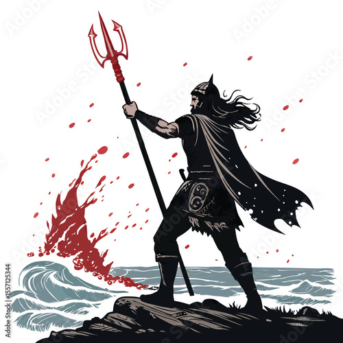 Viking berserker warrior, blood-soaked trident, intense, furious, determined expression, detailed armor.