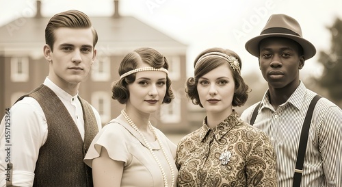 Four young adults in 1920s attire pose outdoors, sepia-toned, before a classic house.