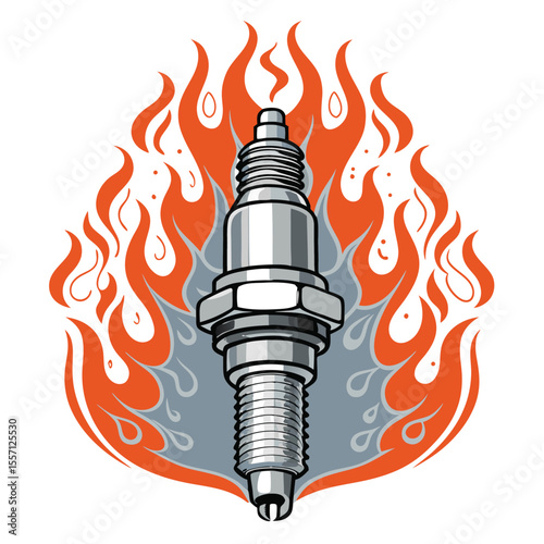 Fiery illustration spark plug igniting fuel, surrounded by detailed flames and smoke, engine component.