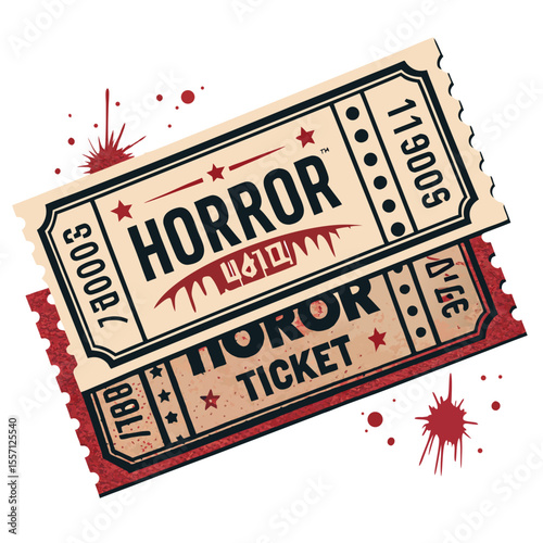 Aged horror film admission pass with crimson splatter. Old movie ticket, distressed design. One.