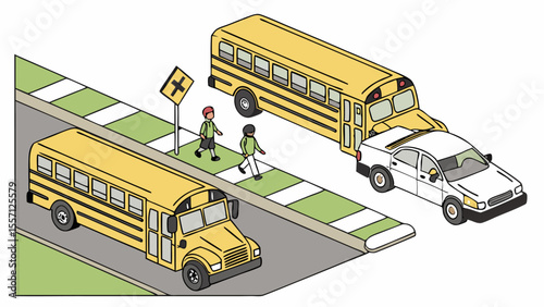 Illustration depicting two school buses, a white car, and two children at a crosswalk near a street sign