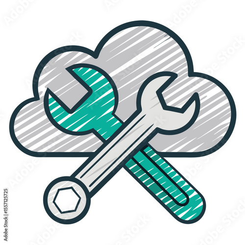 Wrench merging into cloud, smart device mana icon. Tech repair innovation, clever logo concept.
