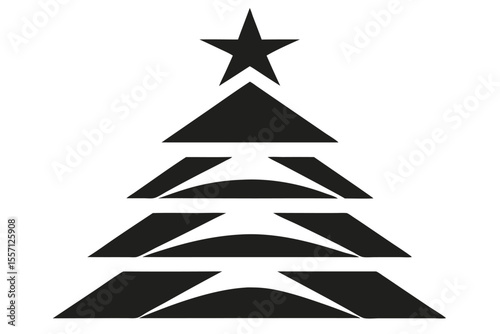 Abstract Christmas Tree Illustration with Black Geometric Shapes and Star Topper on White Background