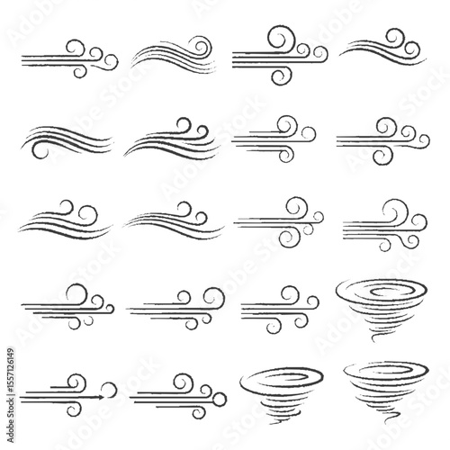 Collection of stylized wind and swirl illustrations, graphic elements for design.