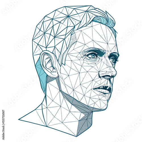 Minimalist face mesh, essential triangles only, wireframe aesthetic, abstract portrait, geometric outline.