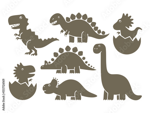 Dinosaur vector illustration set with t rex stegosaurus triceratops and baby dinosaurs in eggs design silhouette