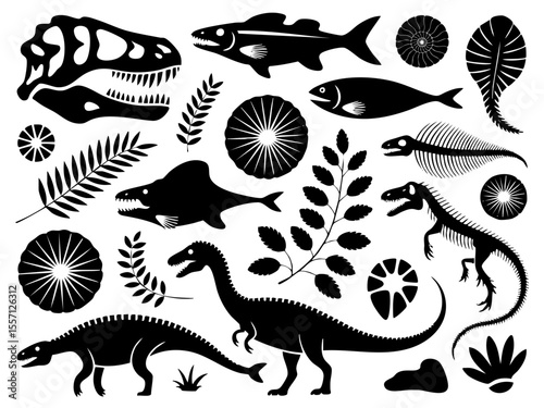 Silhouette prehistoric animals vector design featuring dinosaurs fish fossils and plants in black and white style