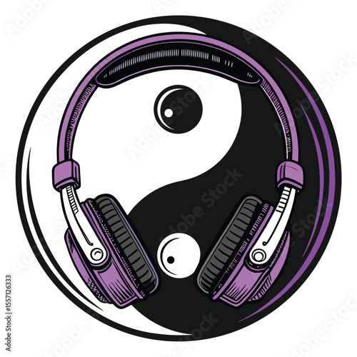 Yin yang symbol formed by headphones, peaceful meditation, balance, audio, zen.