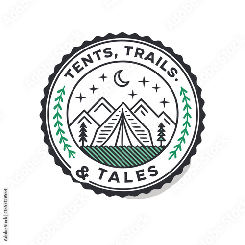 Minimalist badge featuring stylized tents, hiking trails, and intertwined narratives of adventurous tales.