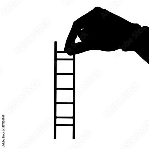 Hand silhouette reaching for small ladder. Silhouette represents ambition and striving for goals.  Conceptual image perfect for business presentations, motivational posters