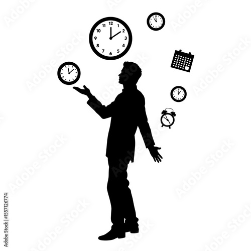 Businessman juggling clocks and calendar.  Silhouette of man balancing time management challenges.  Concept image perfect for time management articles, presentations, or website design