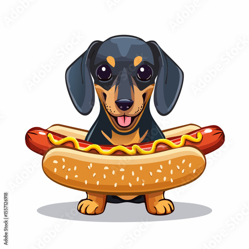 A cute Dachshund dog cheerfully sits inside a whimsical hotdog, perfect for playful branding or adorable pet-themed designs.