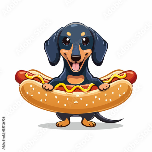A comical dachshund graphic features a cute cartoon dog in a whimsical hotdog costume with mustard, perfect for fun logo design.
