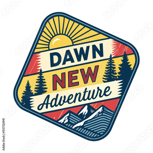 Sunrise over majestic mountains; a badge symbolizing new beginnings and adventures.