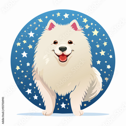 Cheerful Samoyed puppy design radiates positive energy, perfect for pet-related branding, graphics, and engaging children's content with its bright and playful appearance.