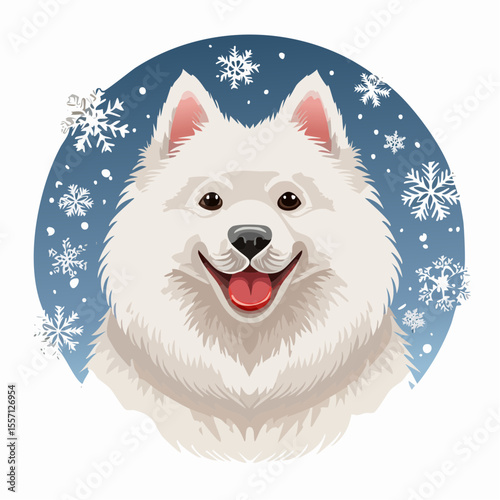 A cheerful Samoyed dog portrait surrounded by snowflakes, perfect for winter holiday designs and cute pet-themed graphics.
